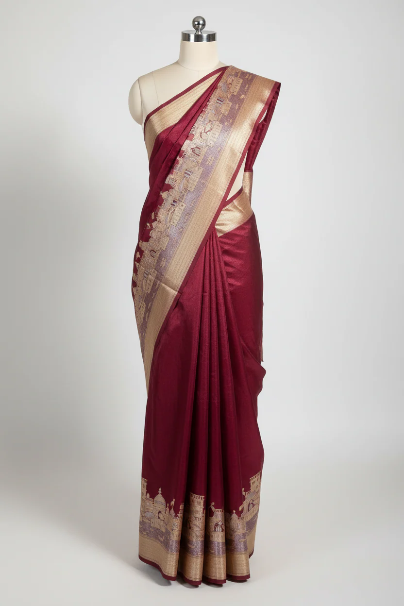 Wine Shade Ghats of Banaras Georgette Silk Banarasi saree - Image 2