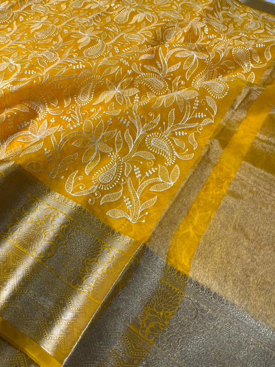 Yellow Organza Silk Chikankari Work Banarasi Saree - Image 2