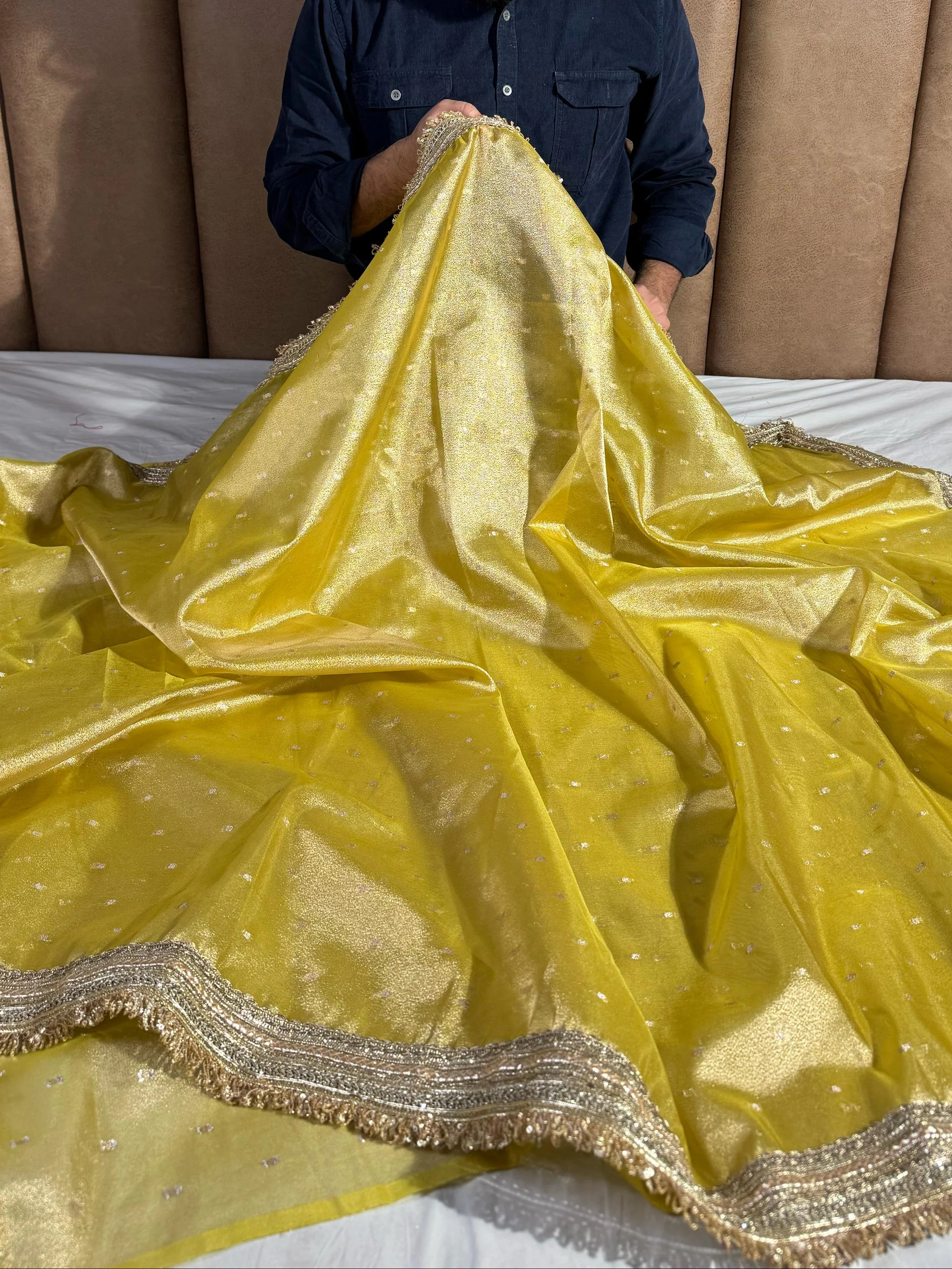 Yellow Shade Tissue Silk Saree with Heavy Lace Work - Image 2